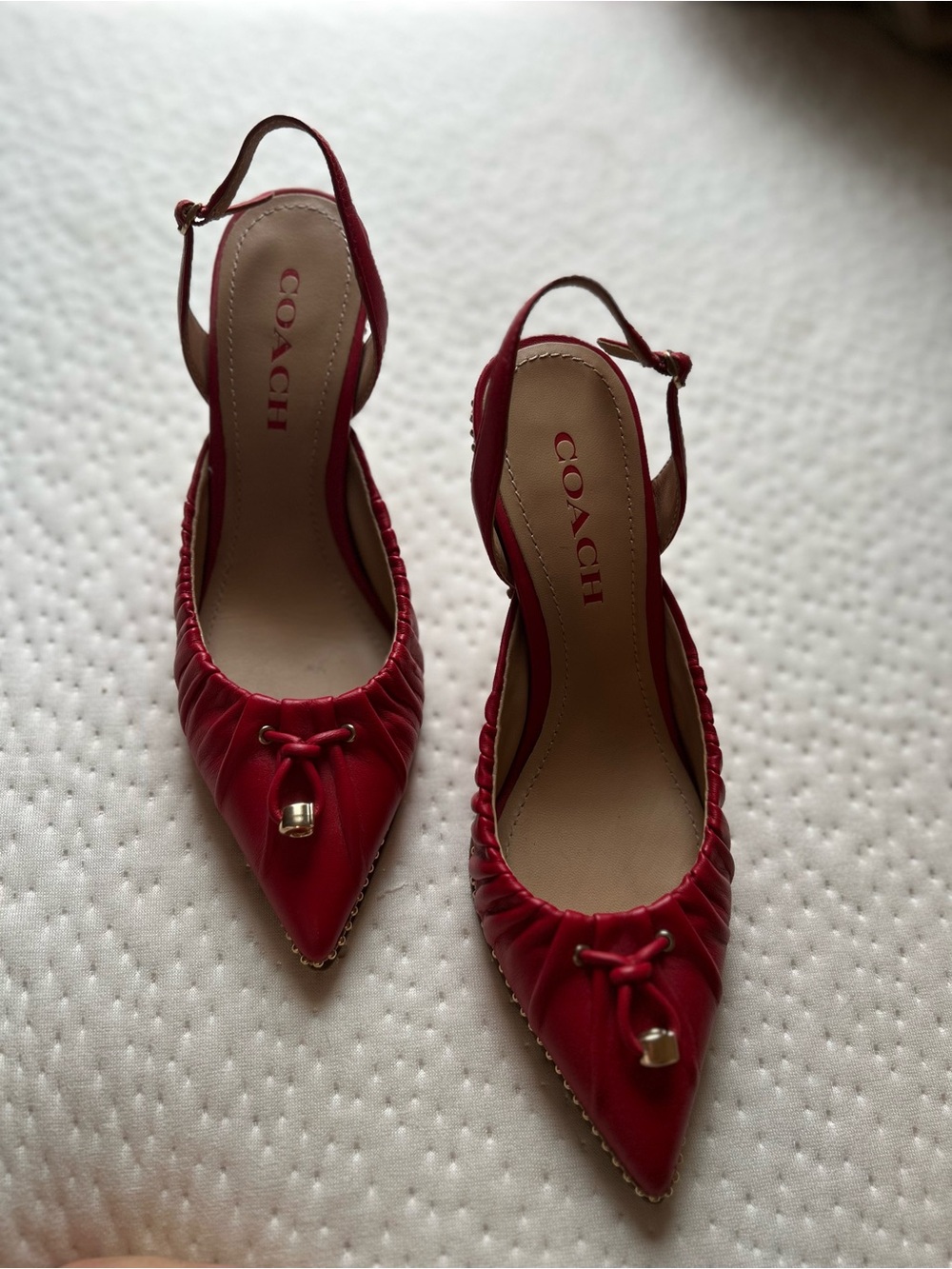 Coach WIINNA Red LEATHER Pointed Toe Slingback Pumps with Knot and Gold Accent 7